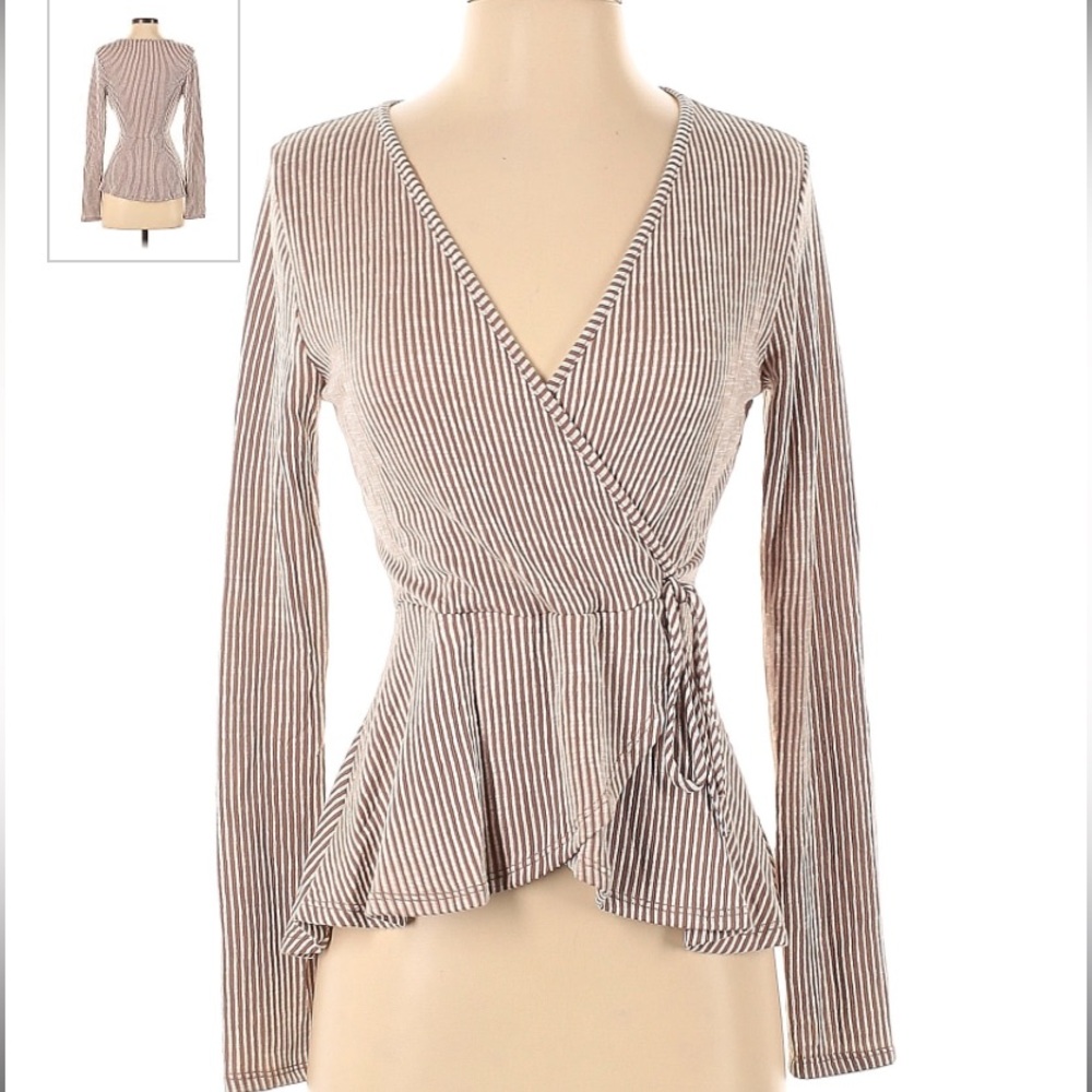 CAUTION TO THE WIND Striped Wrap Around Long Sleeve V-Neck Blouse Women's Size M